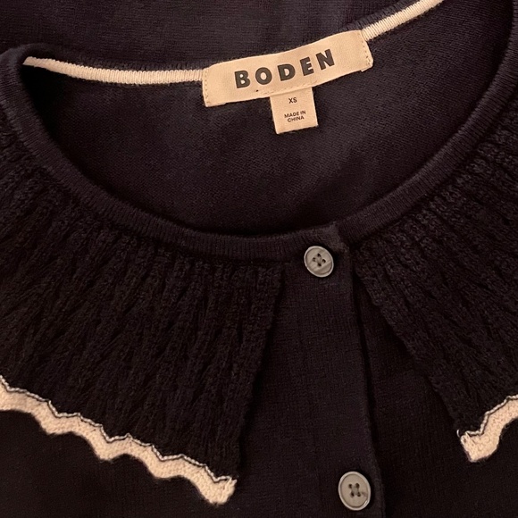 BODEN Frill Collared Wool Blend Cardigan Sweater Navy Blue White Preppy X-Small - Picture 12 of 16